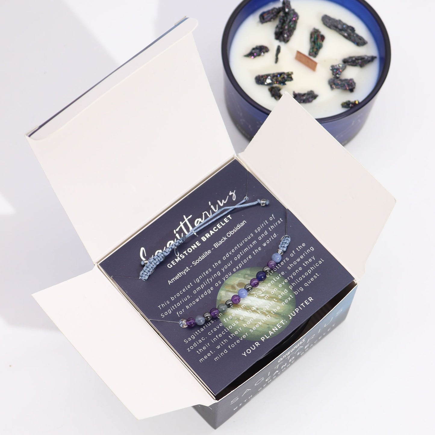 Sagittarius Zodiac Crystal Candle & Gemstone Bracelet – Celestial Ritual Gift