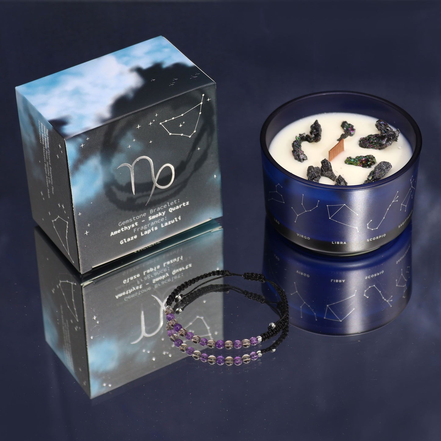 Capricorn Zodiac Crystal Candle & Gemstone Bracelet – Celestial Ritual Gift