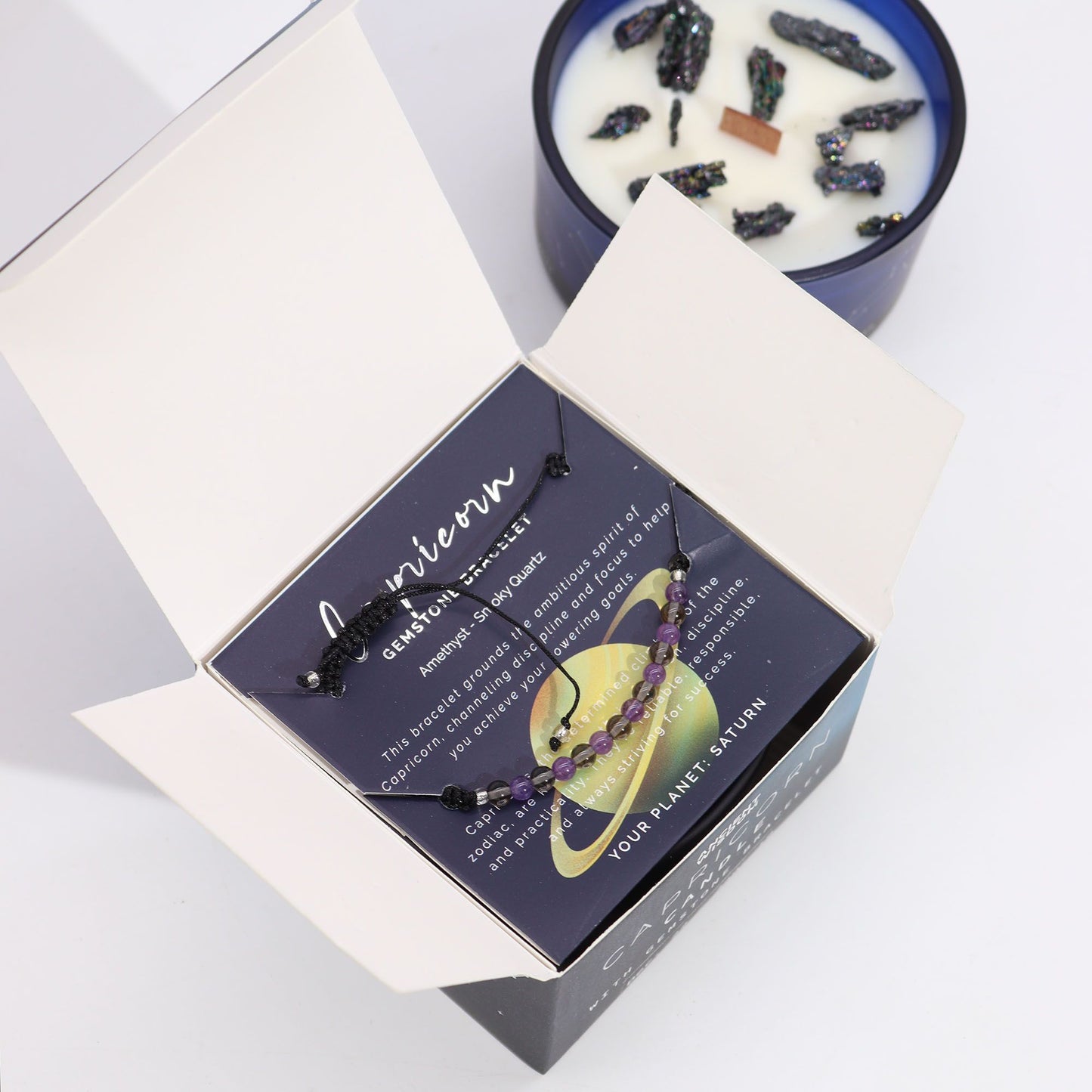 Capricorn Zodiac Crystal Candle & Gemstone Bracelet – Celestial Ritual Gift
