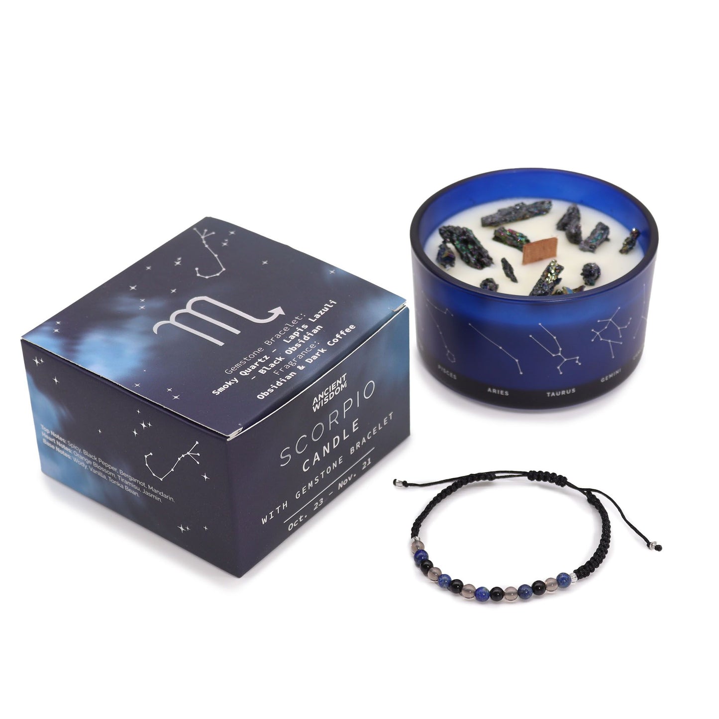 Scorpio Zodiac Crystal Candle & Gemstone Bracelet – Celestial Ritual Gift