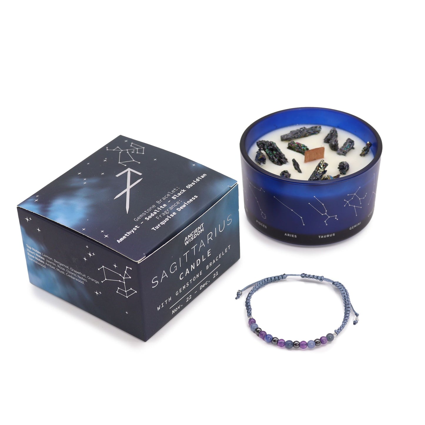 Sagittarius Zodiac Crystal Candle & Gemstone Bracelet – Celestial Ritual Gift