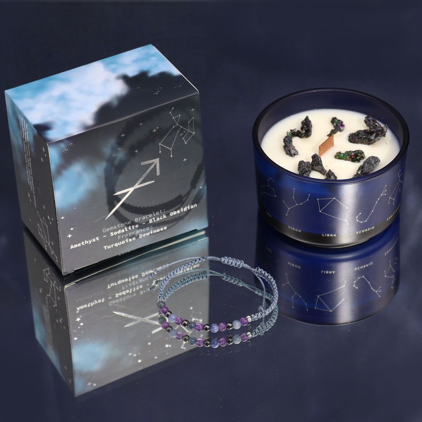 Sagittarius Zodiac Crystal Candle & Gemstone Bracelet – Celestial Ritual Gift