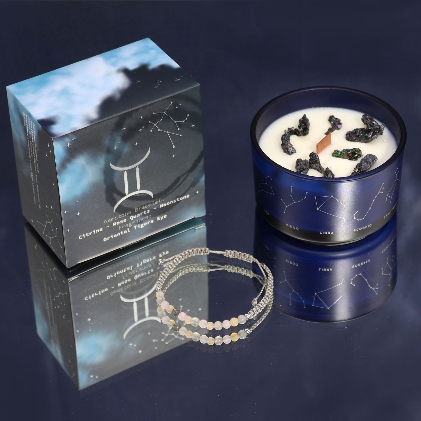 Gemini Zodiac Crystal Candle & Gemstone Bracelet – Celestial Ritual Gift