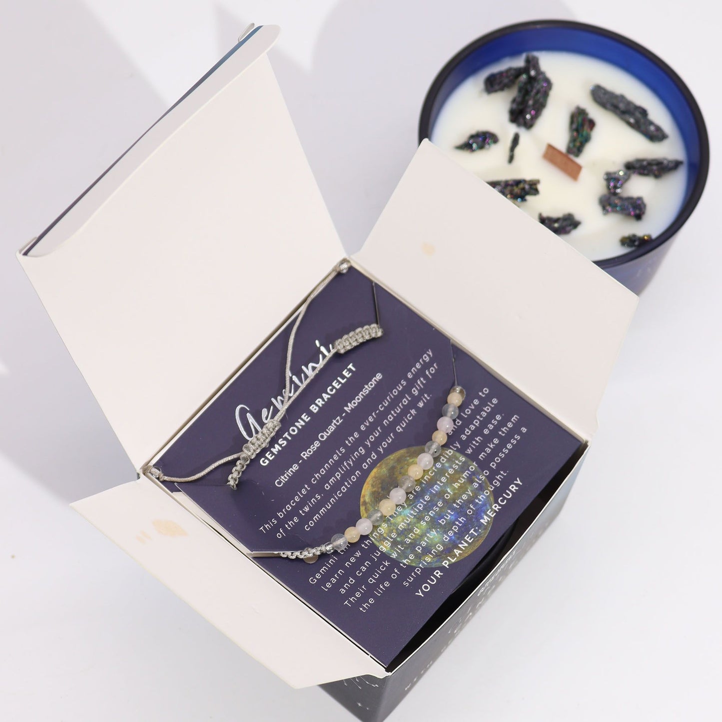 Gemini Zodiac Crystal Candle & Gemstone Bracelet – Celestial Ritual Gift