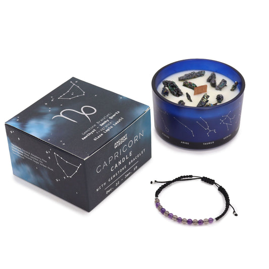 Capricorn Zodiac Crystal Candle & Gemstone Bracelet – Celestial Ritual Gift