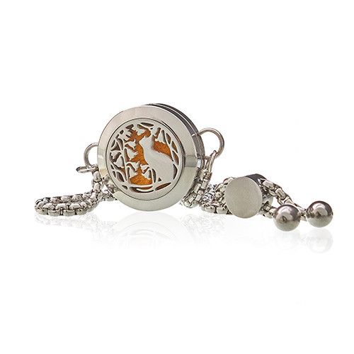 Aromatherapy Bracelet – Cat & Flowers | Stainless Steel Diffuser for Essential Oils – 20mm