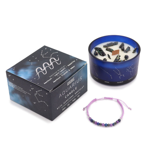 Aquarius Zodiac Crystal Candle & Gemstone Bracelet – Celestial Ritual Gift